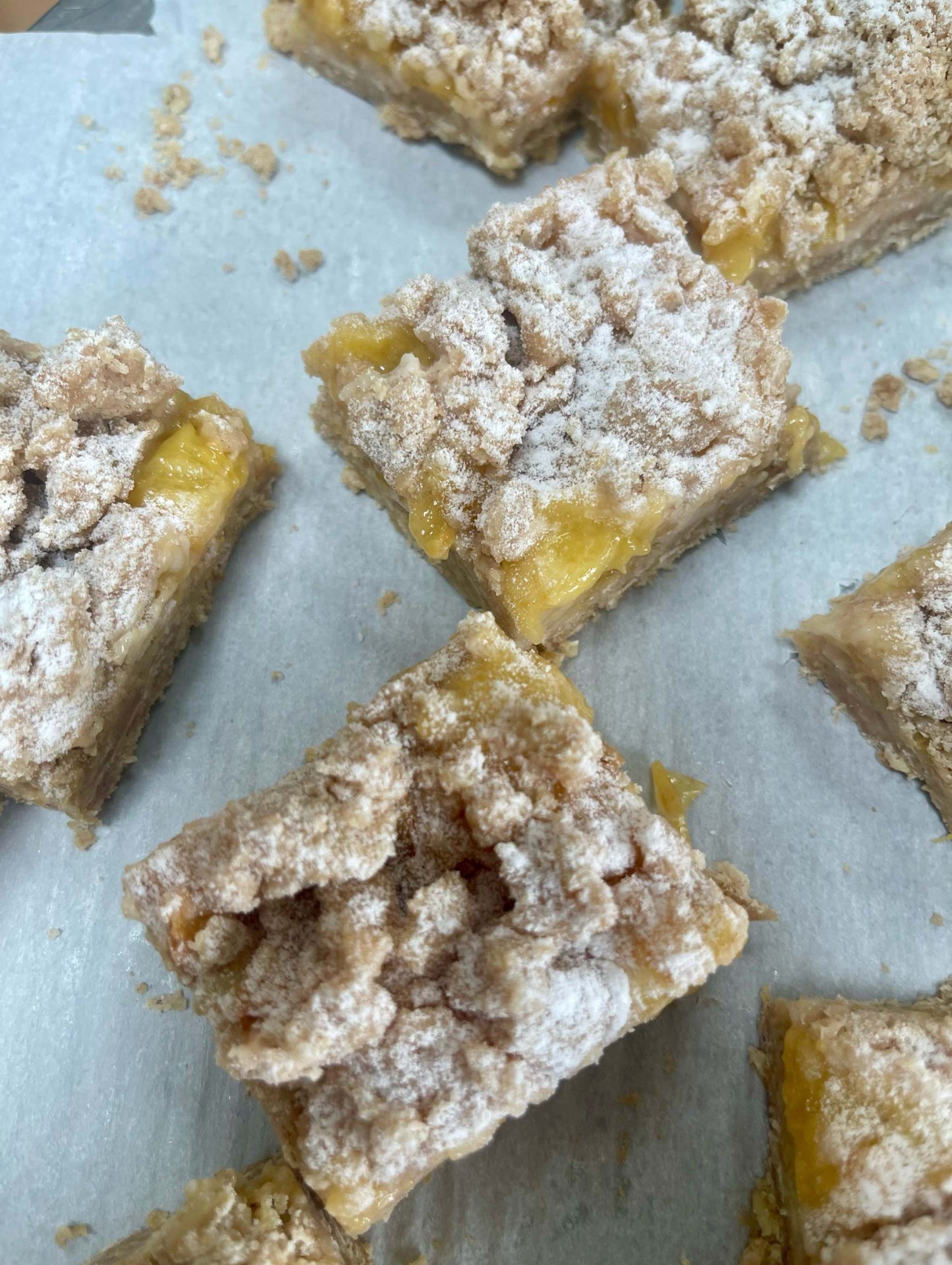 Box of 6 plum crumble bars with crumbly oaty brown sugar crust