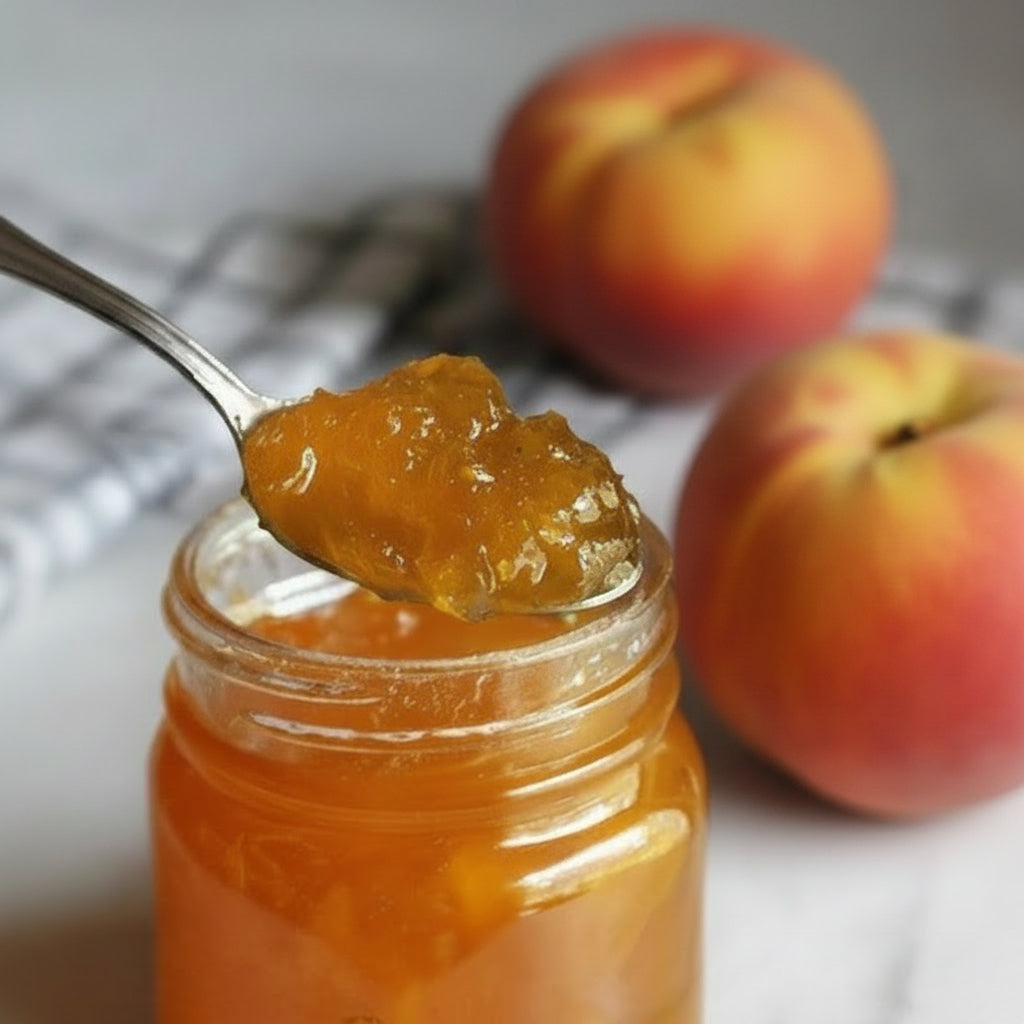 Jar of Peach Lillet Jam with fresh peaches and a cheese plate background