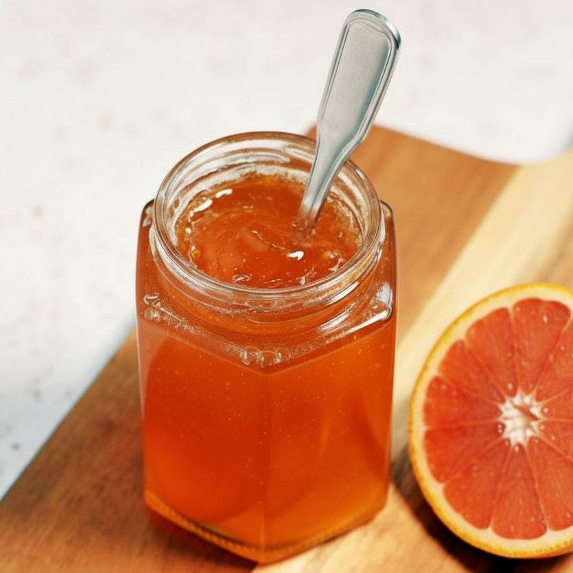 Jar of Cara Cara Cardamom Jam with citrus and cardamom ingredients