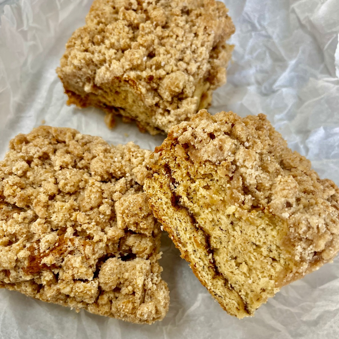 Brown butter banana coffee cake with clove swirl and crunchy streusel topping