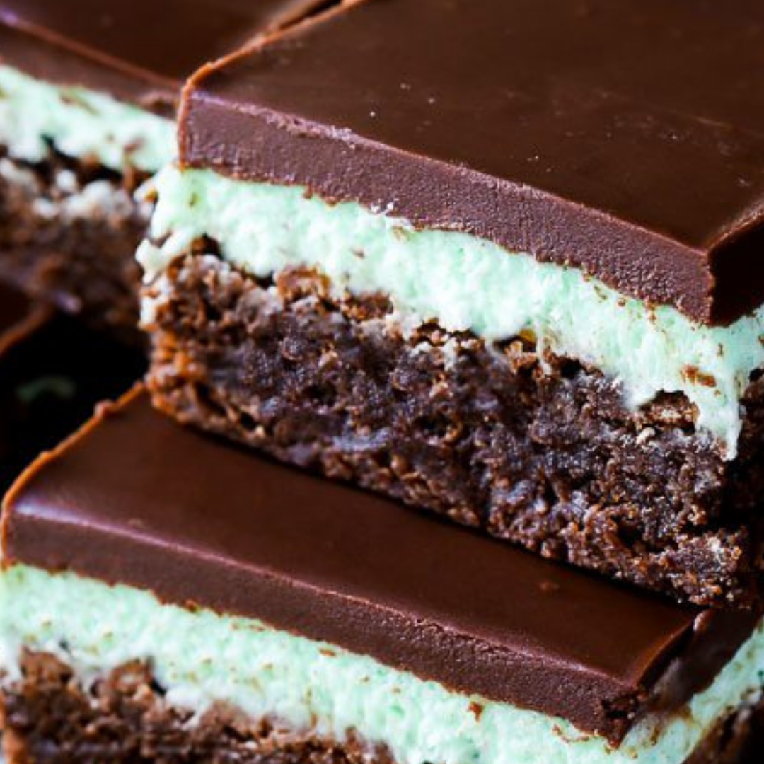 Grasshopper Brownie with mint frosting and chocolate ganache, fudgy texture, box of 4 brownies