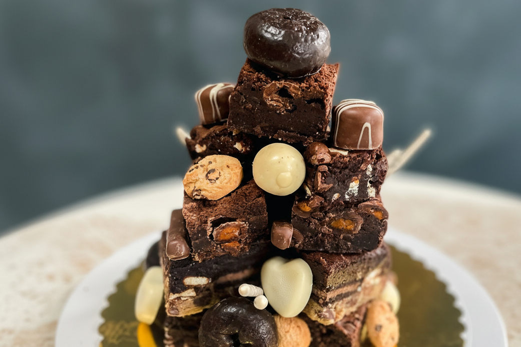 Three-layer brownie tower with vanilla frosting and chocolate ganache topped with candy and cookies