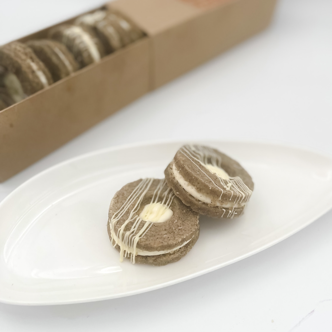 Vietnamese Coffee Linzers cookies with coffee-infused shortbread and condensed milk buttercream filling