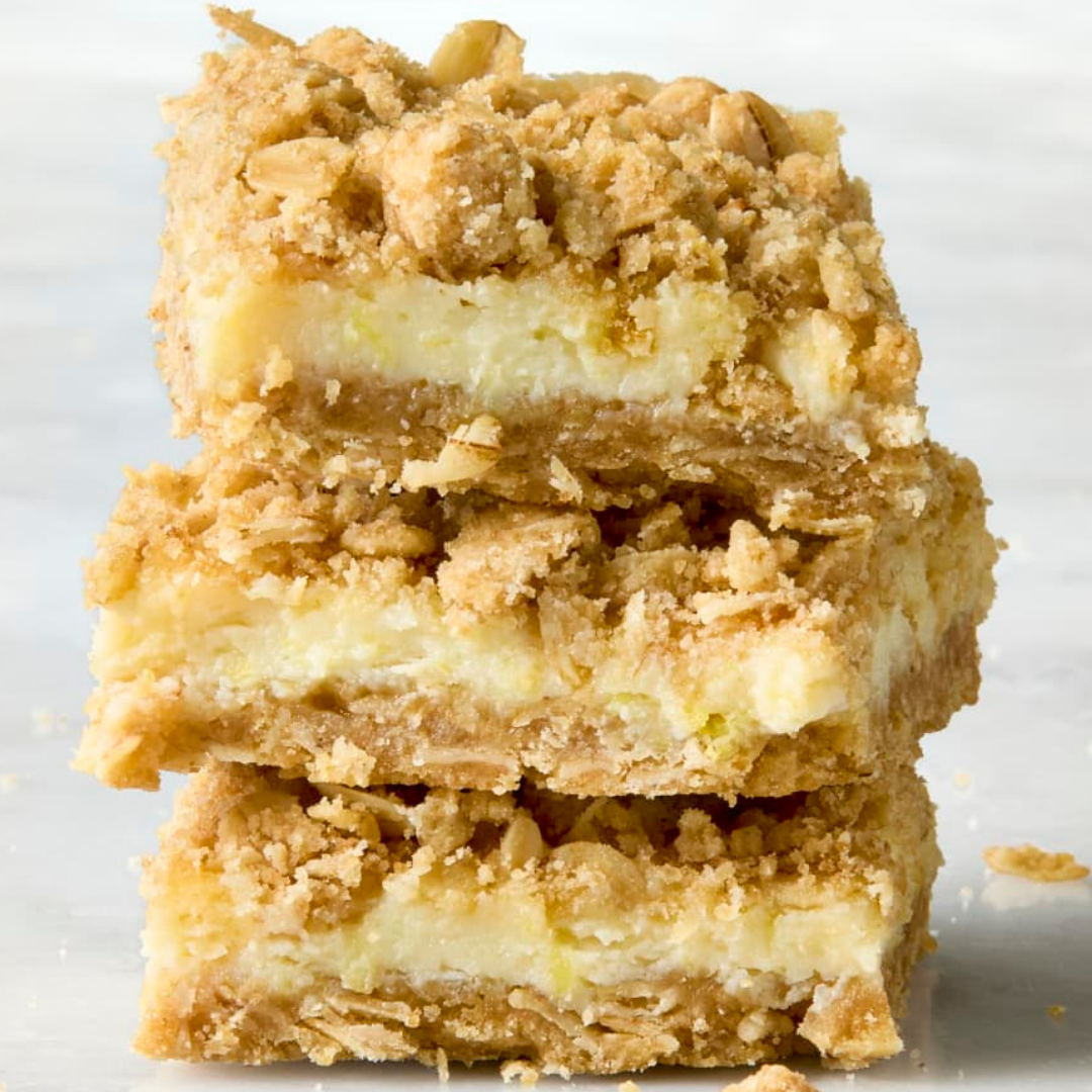 Box of 6 lemon crumb bars with creamy lemon filling and oaty brown sugar crust layers