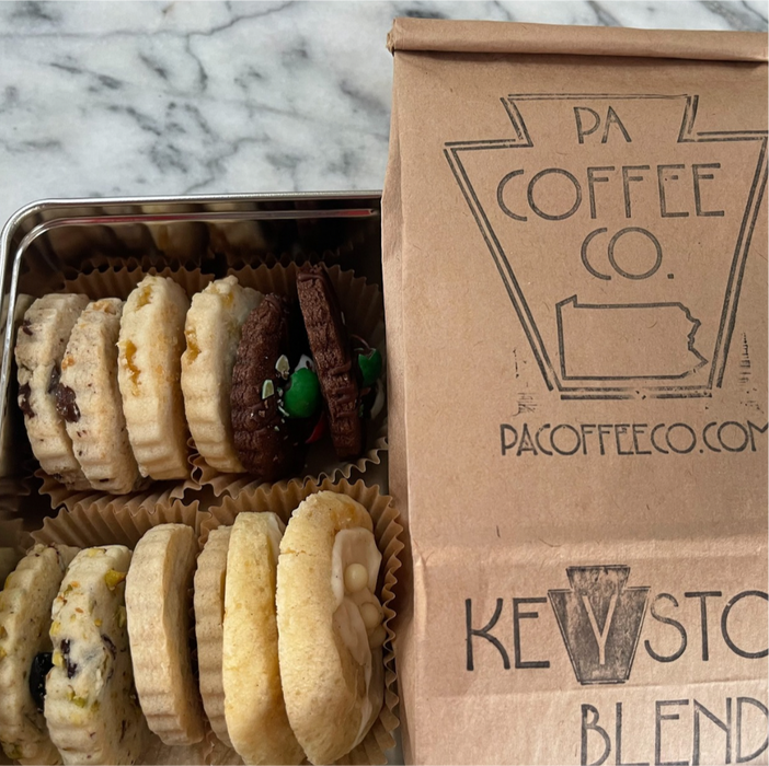 Holiday shortbread and coffee tin with assorted shortbread cookies and PA Coffee Company Keystone Roast blend in a branded box