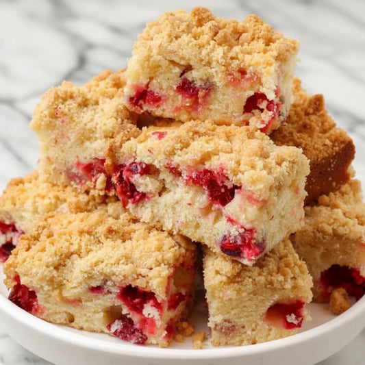 Cinnamon cranberry coffee cake with crumb topping and fresh cranberries