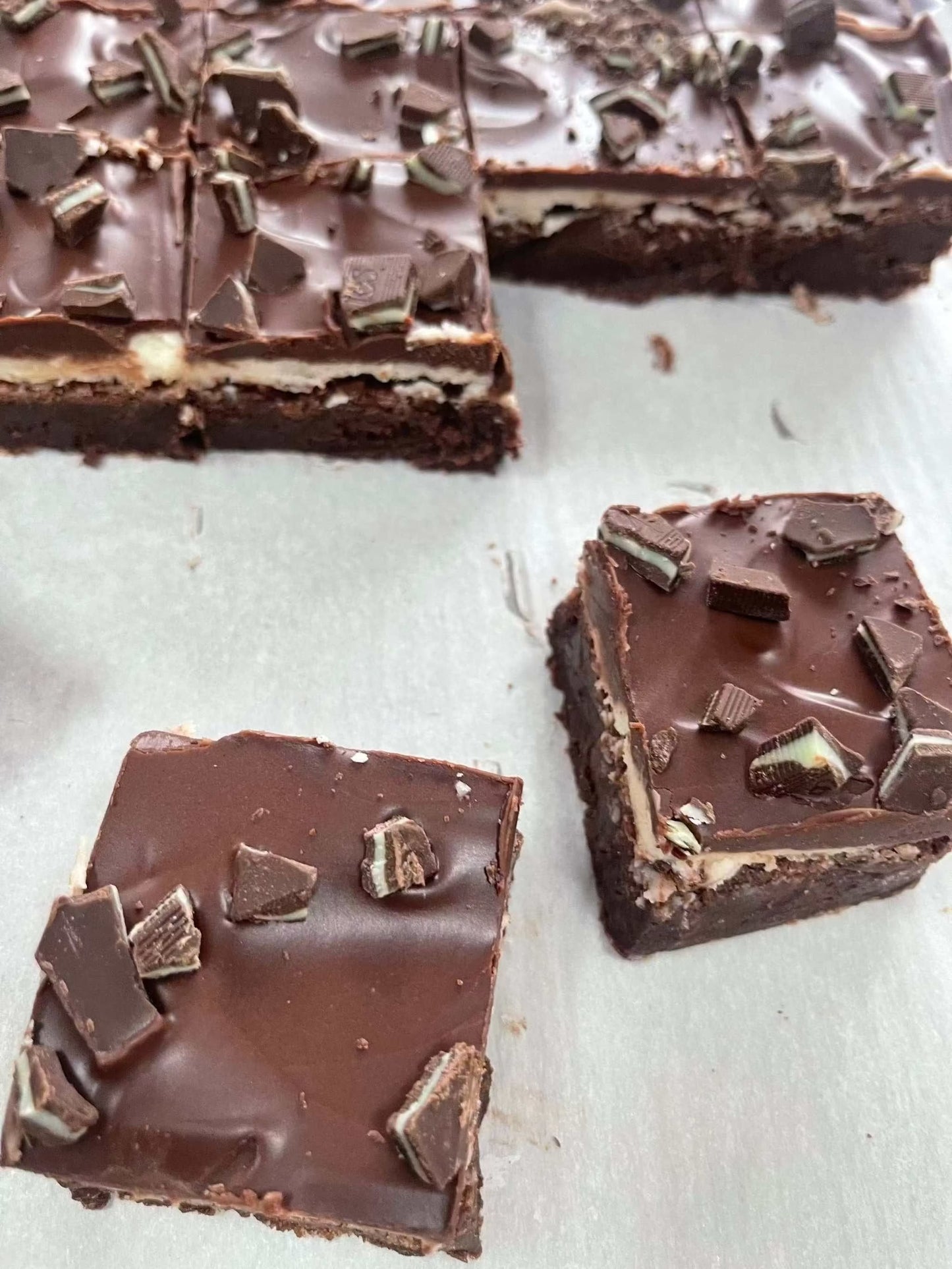Grasshopper Brownie with mint frosting and chocolate ganache, box of four fudgy brownies