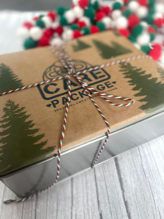 Festive holiday cookie tin box tied with red, white, and green twine and decorated with green pine tree prints