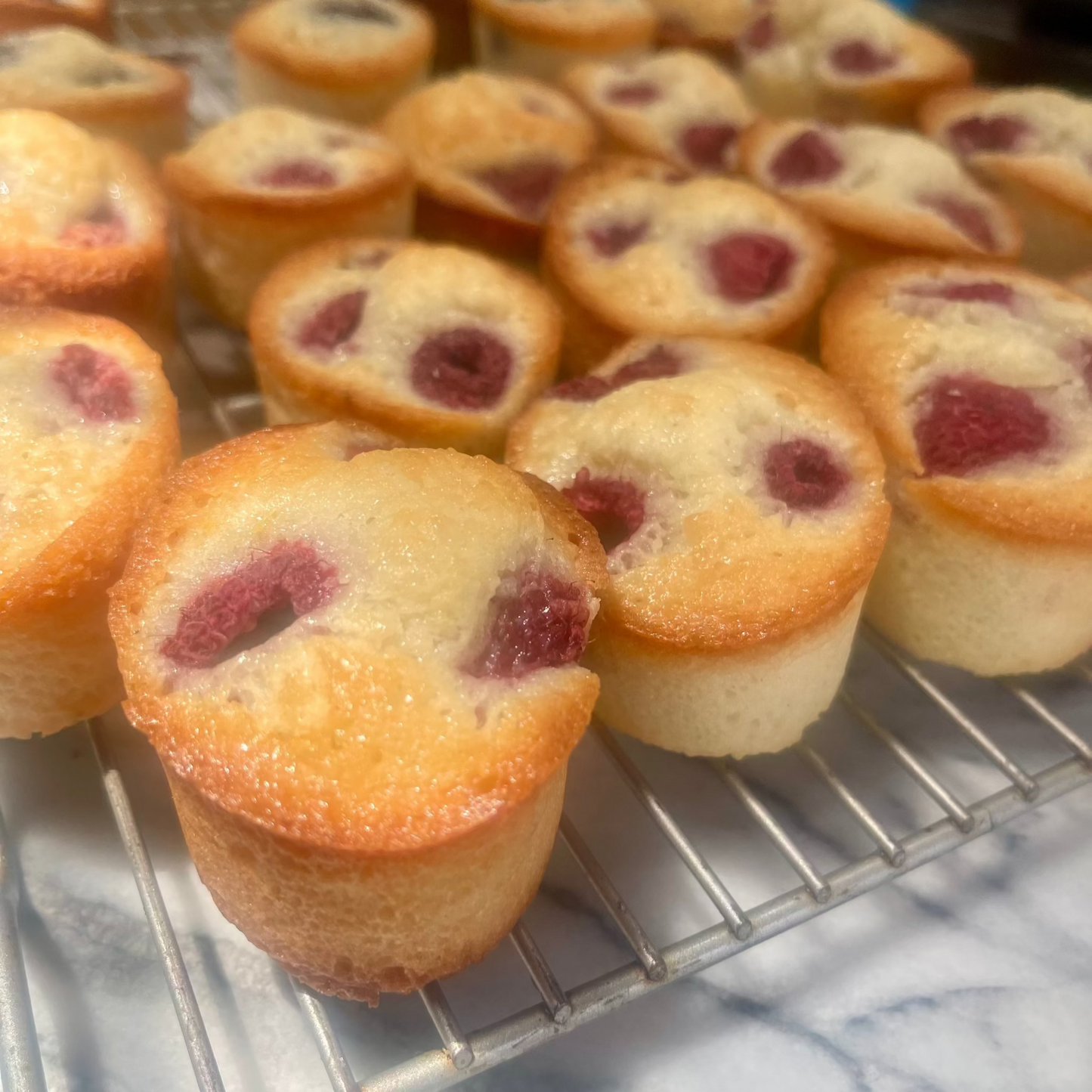 Lemon Coconut Raspberry Friands tender tea cakes with lemon zest and fresh raspberries in a box of four
