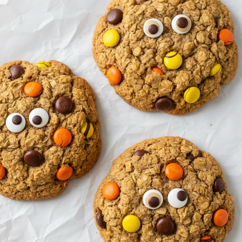Chewy peanut butter oat Monster Cookie with M&Ms, chocolate chips, and candy eyes in a box of six