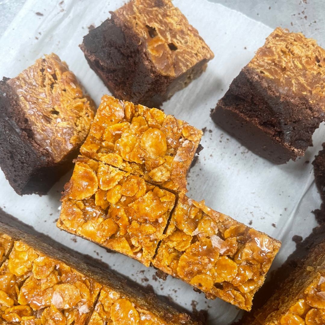 Fudgy caramelized cornflake brownie topped with crispy candied cornflakes and flaky salt