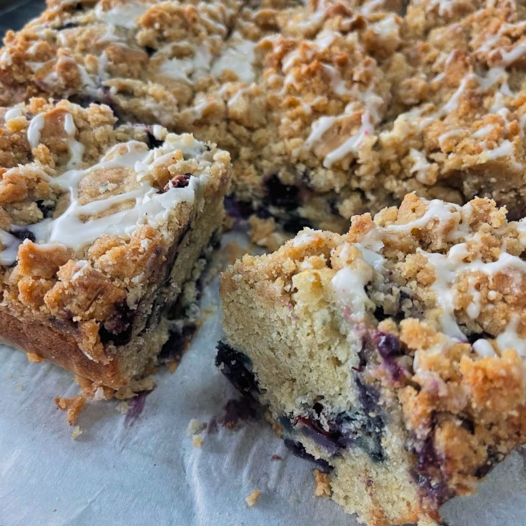 Blueberry Cardamom Coffee Cake with cardamom streusel topping and blueberries, pack of 4 large pieces