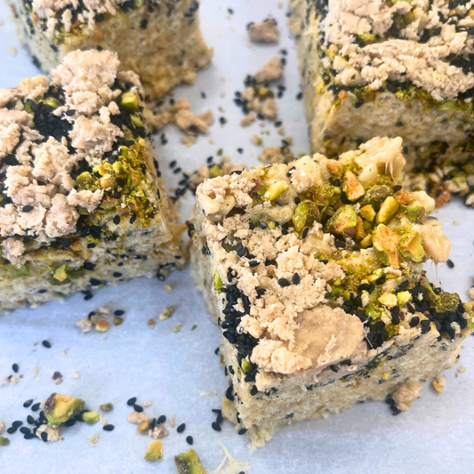 New York Times cereal treats with brown butter, marshmallow, tahini, pistachios, and black sesame seeds