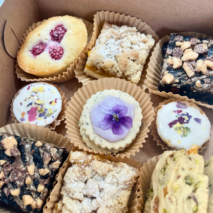 Mother’s Day Treat Box with cupcakes, cookies, brownies, and edible flowers for local pickup