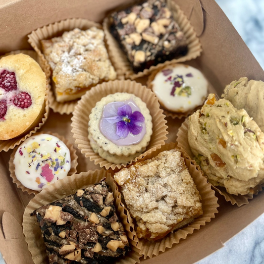 Mother’s Day Treat Box with cupcakes, cookies, brownies, and edible flowers for 4-10 servings