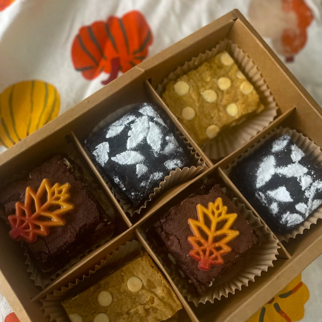 Thanksgiving Brownie 6-Pack with black cocoa miso, brookie, and pumpkin white chocolate blondie flavors