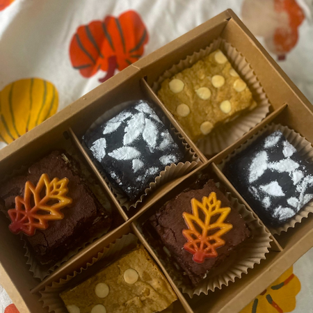 Thanksgiving Brownie 6-Pack with black cocoa miso, brookie, and pumpkin white chocolate blondie flavors in a gift box
