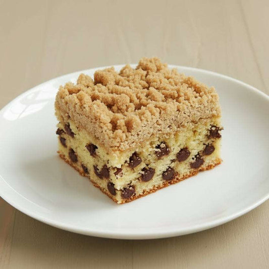 Thick wedge of chocolate chip coffee cake with cinnamon crumb topping