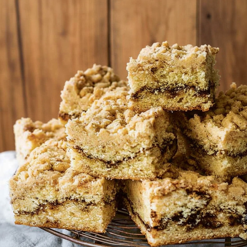 Close-up of cinnamon coffee cake with espresso swirl and crumb topping, four pieces in a box